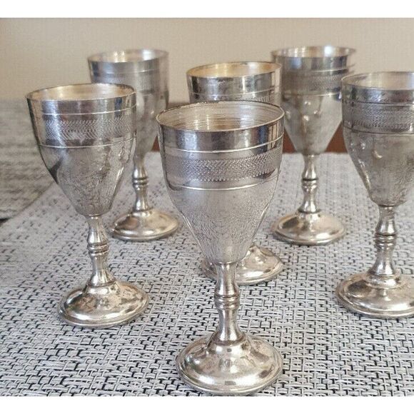 Vintage Pewter Glasses Web, Set of 6 Silver Cordial Glasses - Mid-century/boho - Picture 5 of 6
